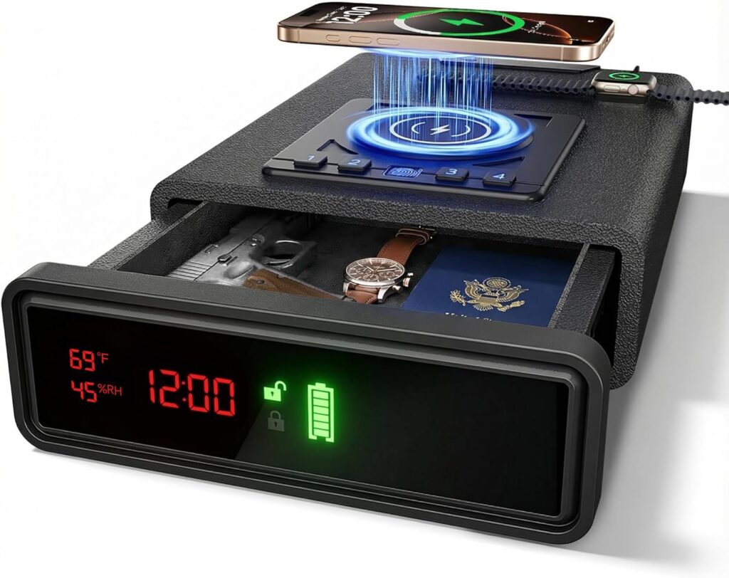 Why it’s useful:Secure storage for valuablesWireless charging for phone and smartwatchSilent mode and interior LEDBest for: bedrooms, nightstands, quick-access security